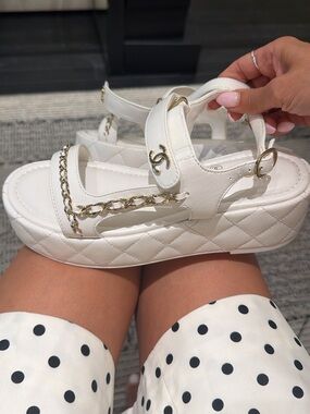 CHANEL White Quilted Platform Sandals with Gold Chain Accent